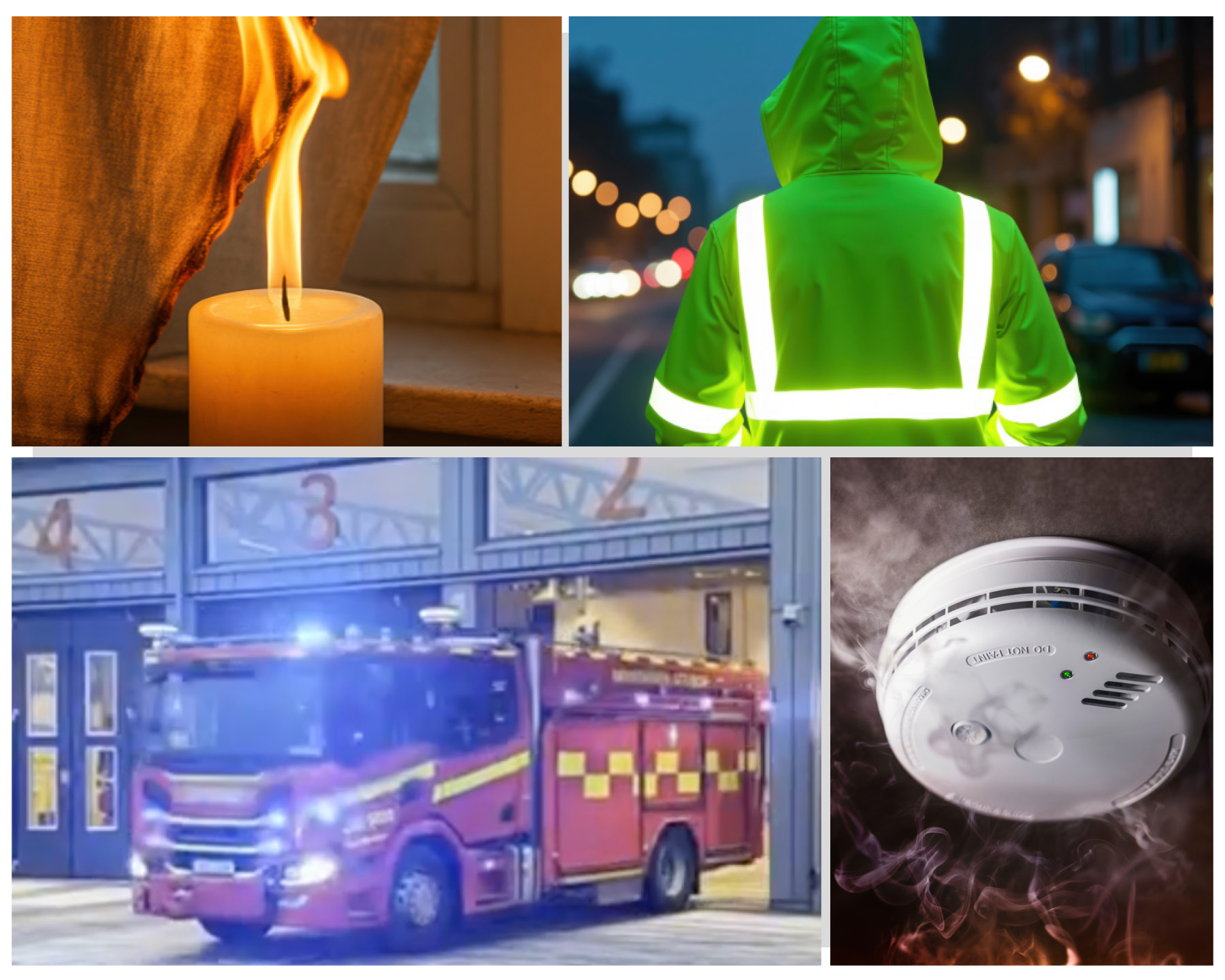 Collage med bilder på brandbil, reflexer, brandvarnare och tända ljus